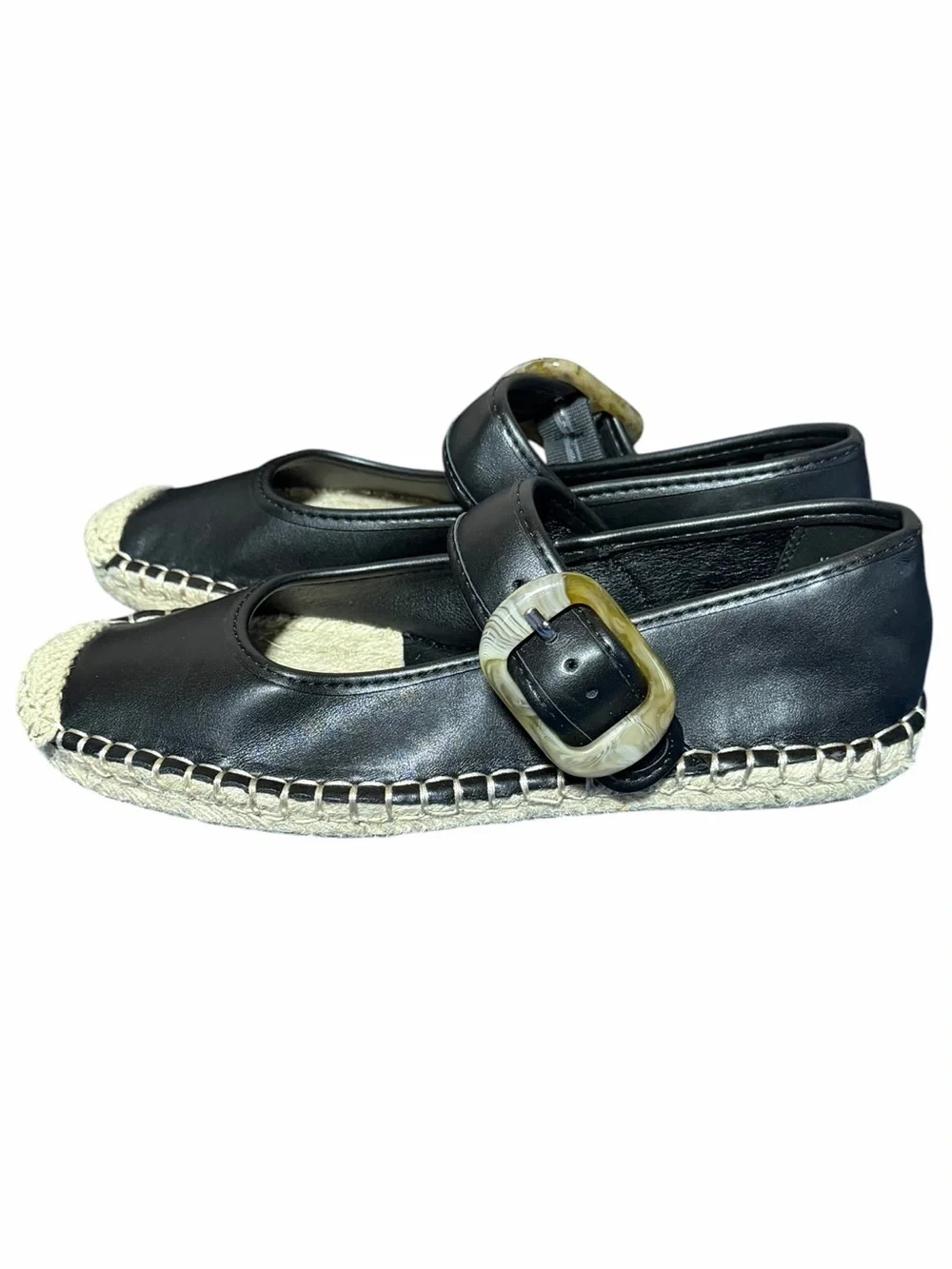 NEW Frye and Co. Jatani Espadrille Mary Jane Flats in Black Faux Leather Sz 6M